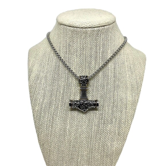 Oxidized Stainless Steel Hammer Pendant Necklace with ION Plated YG - (L 23.5”) - Picture 4 of 4